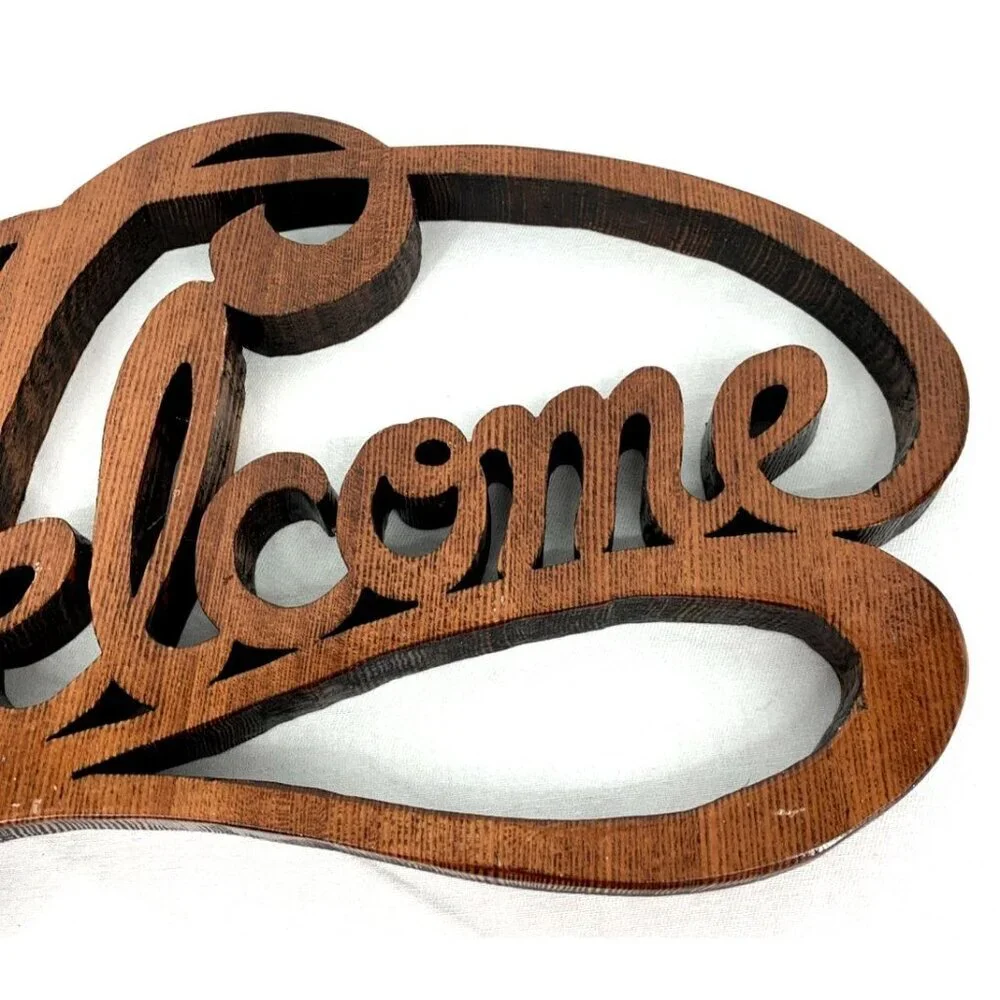 Welcome Sign Cut Wood Script Lettering Brown Wall Decor Handcrafted 13